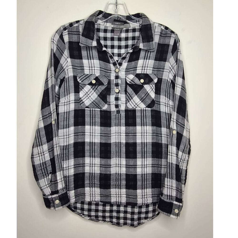Eddie Bauer black white buffalo plaid long sleeve popover shirt - XS